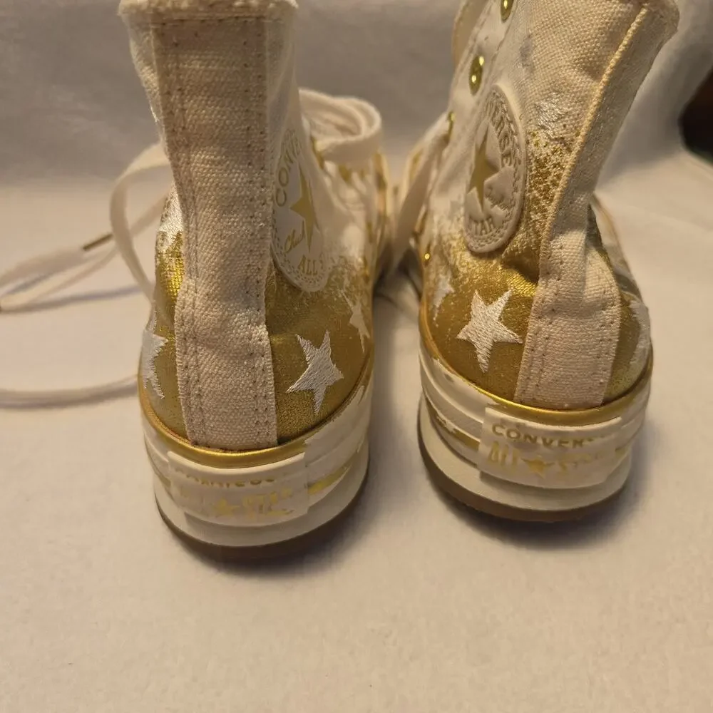 Converse High-Top All Star Sneaker Shoes, White Gold Star Platform Youth Size 1